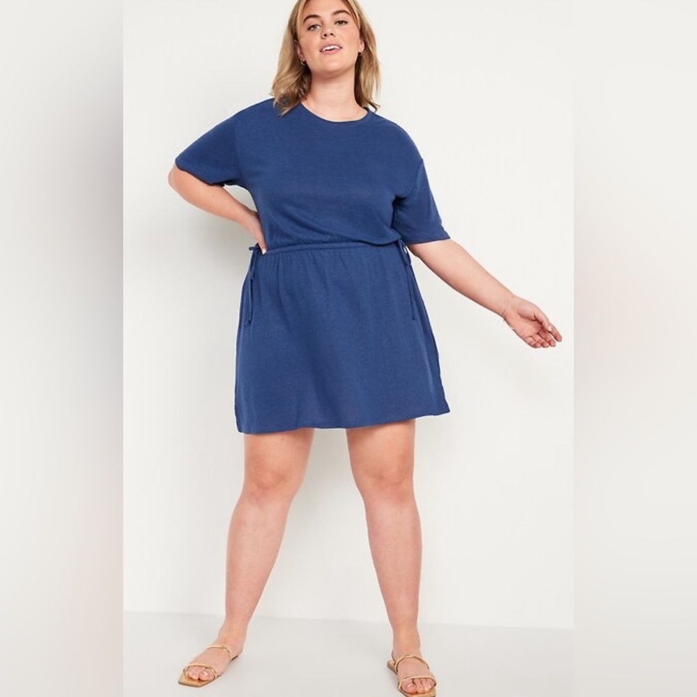 NWT XXL Tall Old Navy Waist-Defined Short-Sleeve Linen-Blend Blue Dress